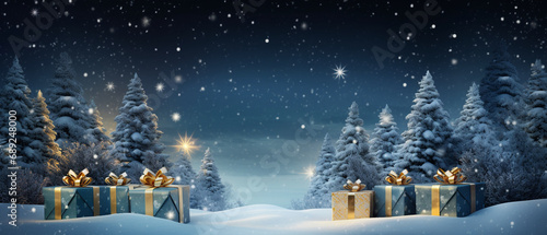 christmas gift boxes and trees on snowy night © Cash Cow Concepts