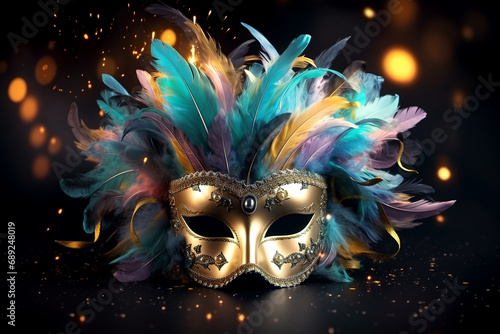 carnival mask with feathers, bright luxury masquerade mask on festive background © Svetlana
