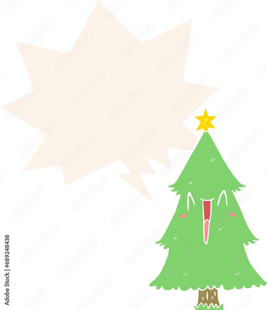 Fototapeta premium cartoon christmas tree with speech bubble in retro style