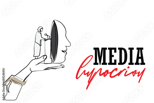 hand drawn line art vector of a oversized hand supporting female speaker talking in front of large mask symbolizing lies and dishonesty. Media and fake news