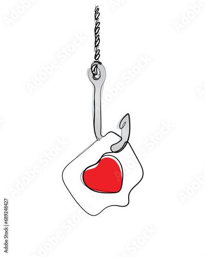 Hand drawn line art vector of Pin Like with a heart on a hook. Social metaphor, revealing the concept of manipulation of opinion and greed.