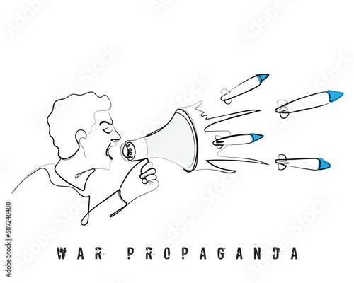 hand drawn line art vector of a man shouts into a megaphone, launching rockets, war propaganda, inciting hatred.