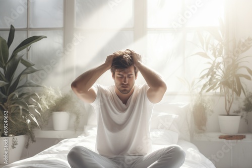 A young man sitting in a bed with a headache holding head in hands, morning light pours from the windows, in a modern bright bedroom photo