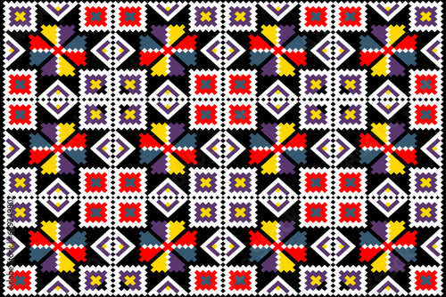 Seamless geometric stamp embroidery pattern, black background vector illustration