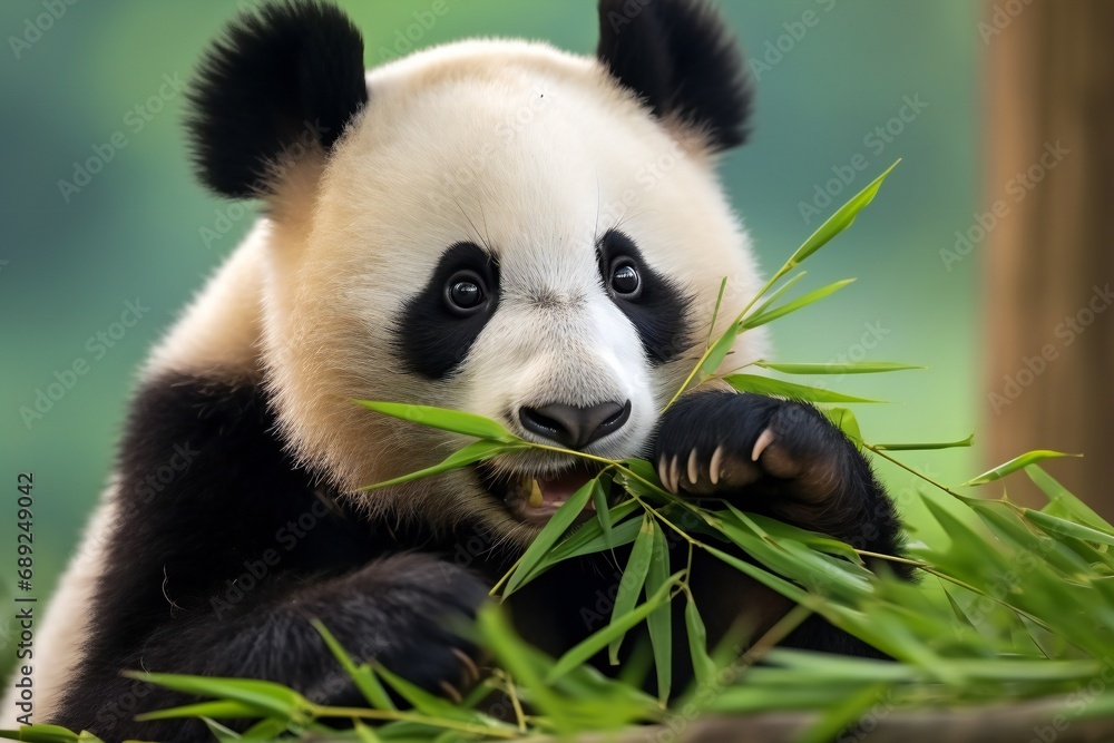 Fototapeta premium Panda eating bamboo shoots and leaves. panda chews bamboo. Panda bear eating bamboo leaves