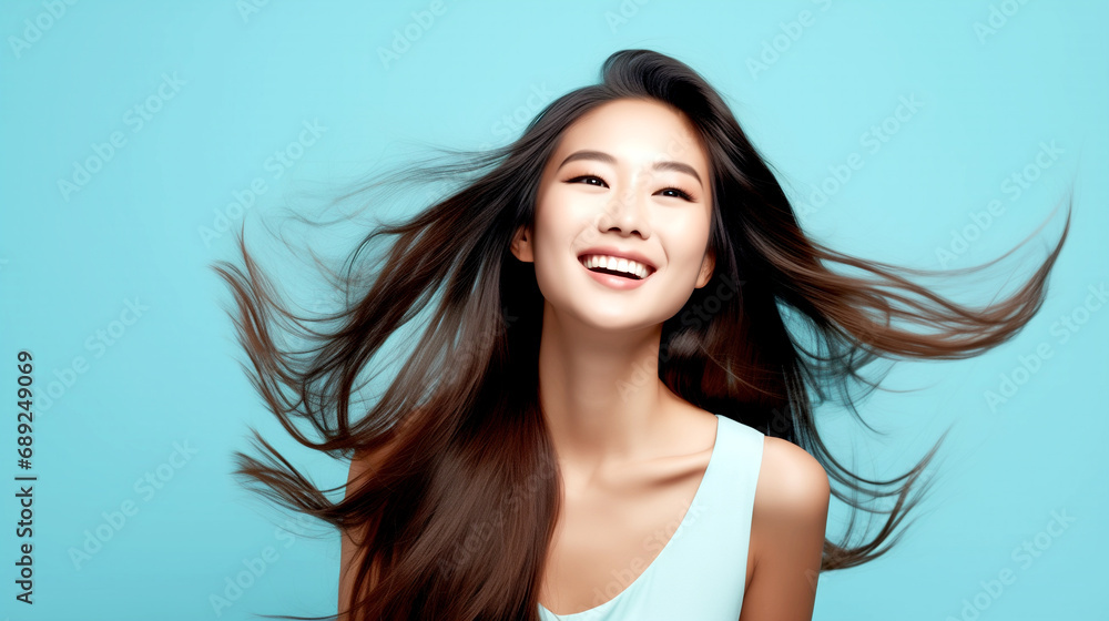 Young Laughing Korean Woman With Long Hair, Thin Shiny Hair Fluttering In The Wind. Joyful Look. Woman Rejoices In Youth And Freedom - legal AI Young Laughing Korean Woman With Long Hair, Thin Shiny Hair Fluttering In The Wind. Joyful Look. Woman Rejoices In Youth And Freedom - legal AI