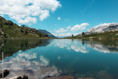 lake in the mountains with clear blue sky and reflections