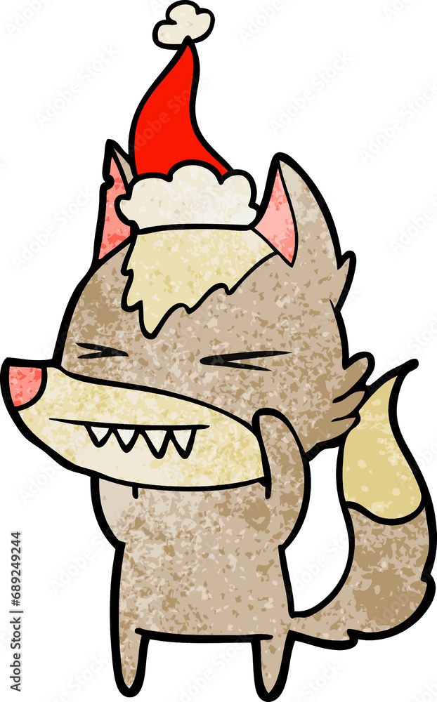 angry wolf hand drawn textured cartoon of a wearing santa hat
