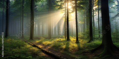 beautiful magic forest in the sunny foggy view. Sunlight in the green forest. photo