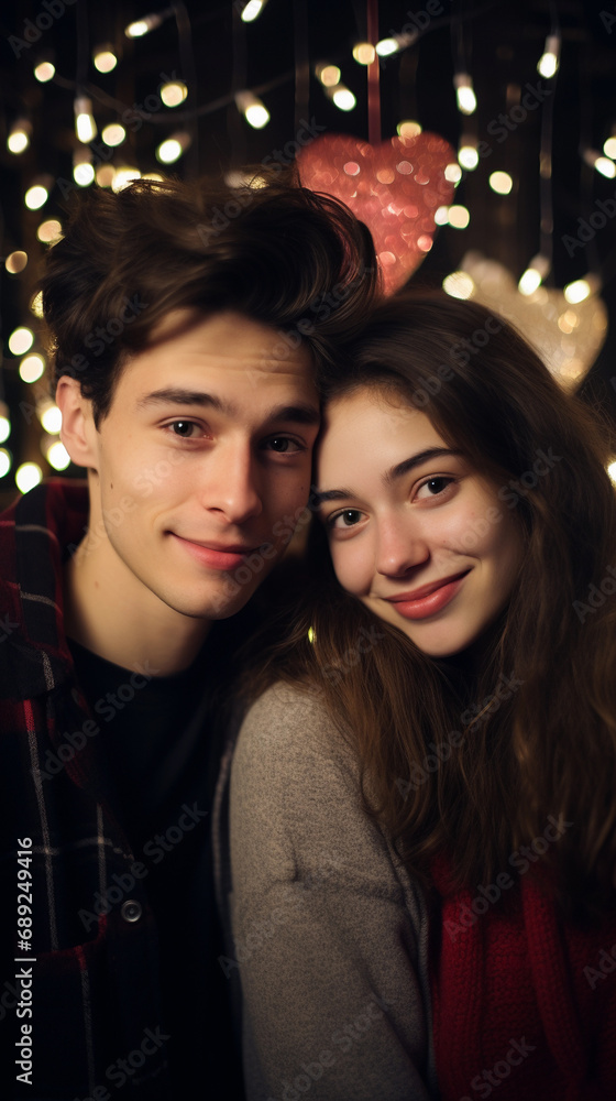 Smiling Couple Embracing in Warm Festive Lights at Valentine's day