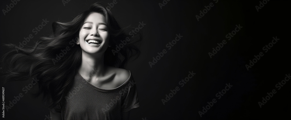 Portrait of a beautiful young Asian woman smiling on a gray background, with long shiny wavy flying hair loose