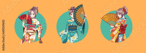 Anime manga girl cartoon characters. Girl wearing Japanese kimono with handheld paper fan. Isolated Round Icons