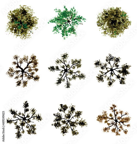 vector top view of trees and bushes vector illustrations set. landscape elements for garden  park or forest  plants  