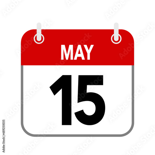 15 May, calendar date icon on white background.