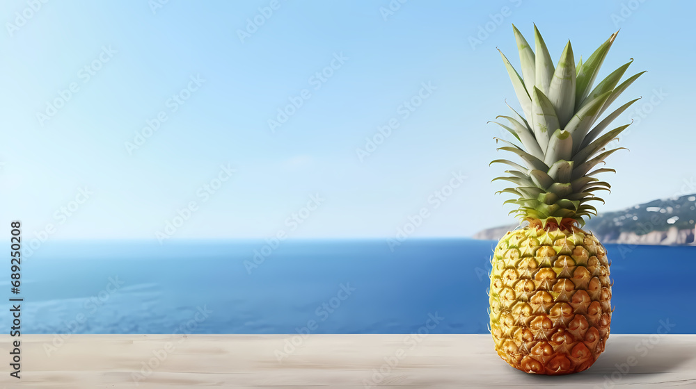 Table with a pineapple with view sea ocean and clear summer sky, copy space,PPT background Table with a pineapple with view sea ocean and clear summer sky, copy space,PPT background