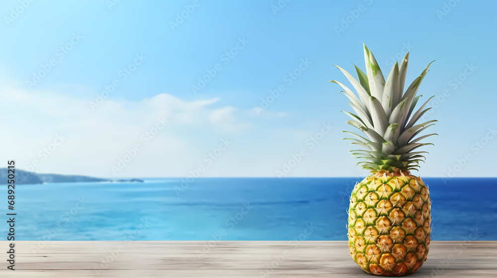 Table with a pineapple with view sea ocean and clear summer sky, copy space,PPT background Table with a pineapple with view sea ocean and clear summer sky, copy space,PPT background
