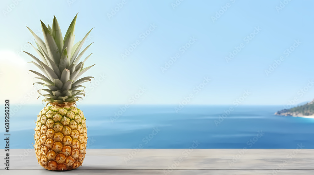 Table with a pineapple with view sea ocean and clear summer sky, copy space,PPT background Table with a pineapple with view sea ocean and clear summer sky, copy space,PPT background
