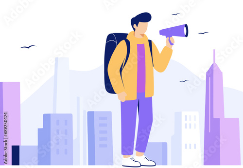 Young man with a loudspeaker against the background of the city. Flat vector illustration.
