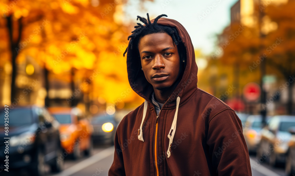 Fototapeta premium Young African American man in a hoodie standing confidently on a city street with vibrant autumn foliage and urban traffic in the background