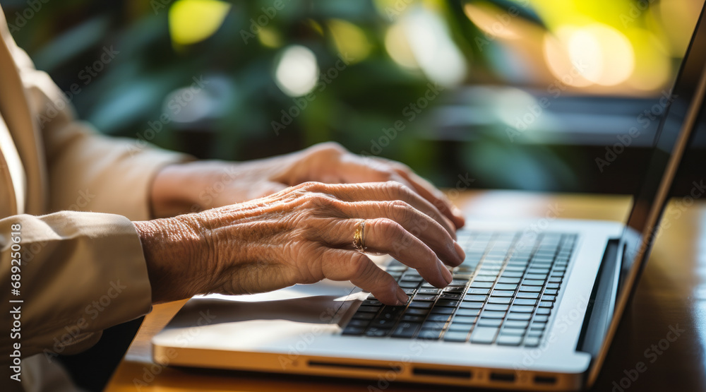Close-up of an elderly person's hands typing on a laptop keyboard, showcasing the involvement of seniors in the digital world