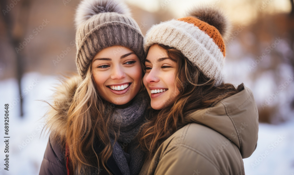 Joyful lesbian couple in winter attire warmly embracing each other during a serene walk in a snow-covered park, showcasing love and connection