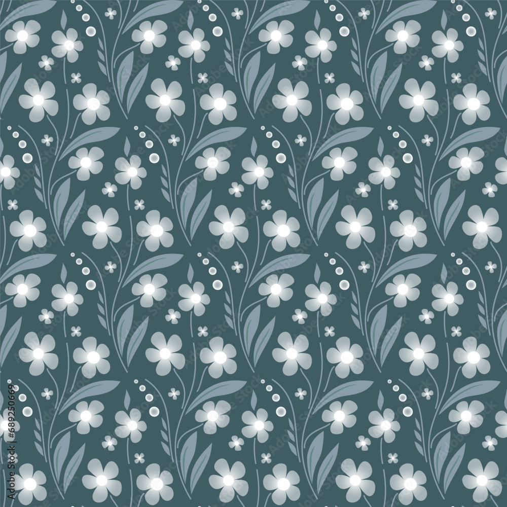 Wild flowers seamless pattern  in ethnic style. Delicate blue green colours. Folk floral background. Vector illustration in soft colors. For wallpaper, giftpapers, textile, design projects and cards.