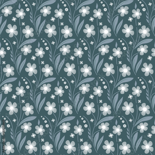 Wild flowers seamless pattern in ethnic style. Delicate blue green colours. Folk floral background. Vector illustration in soft colors. For wallpaper, giftpapers, textile, design projects and cards.