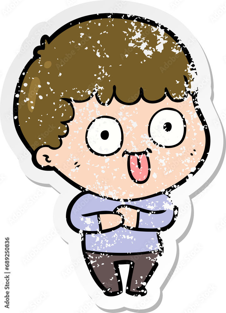 distressed sticker of a cartoon dumb kid