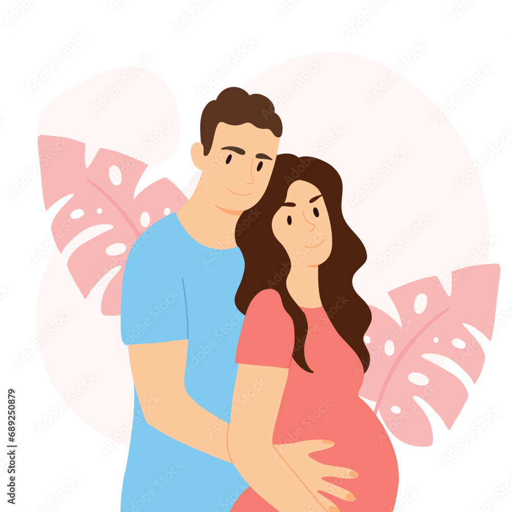 Happy family expecting a child. Vector illustration of husband and pregnant wife. Baby waiting concept.