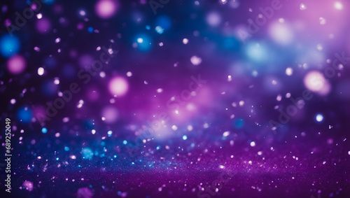 Abstract Background with Cosmic Purple and Galactic Blue Particles. Gleaming Galactic Blue Bokeh Lights on Celestial Purple Canvas. Galactic Blue Foil Texture, Portraying Holiday Wonder.