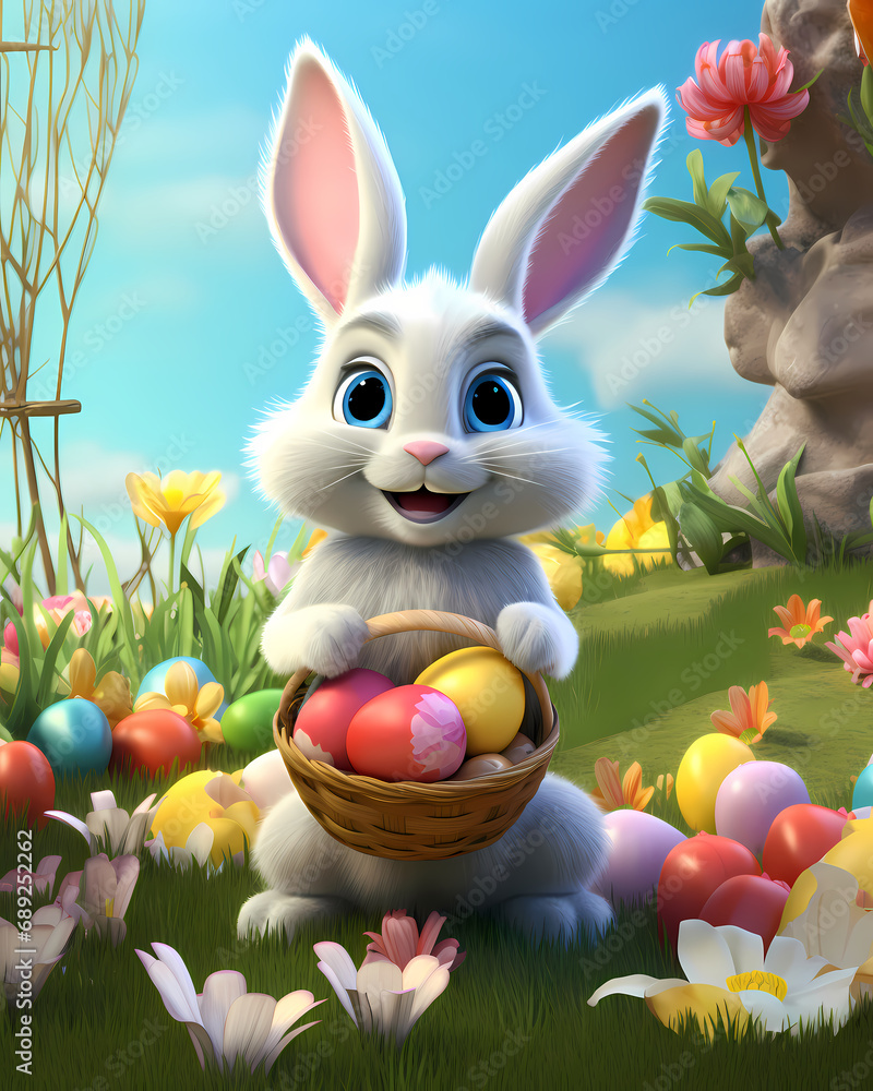 Obraz premium A happy smiling Easter Bunny and colorful easter eggs