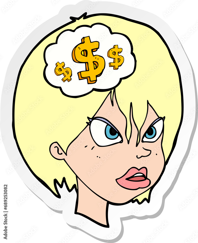sticker of a cartoon woman thinking about money sticker of a cartoon woman thinking about money