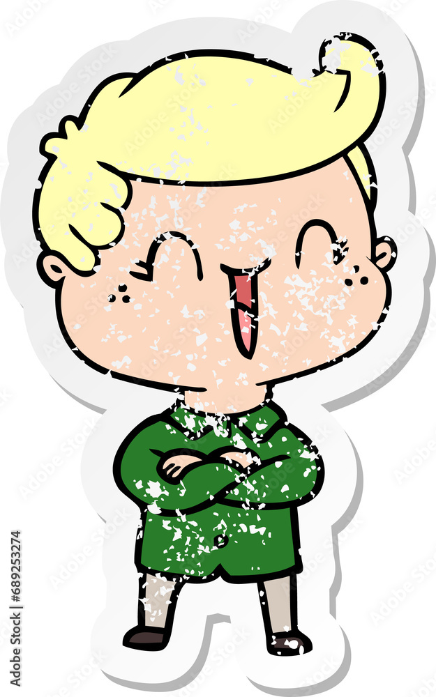 distressed sticker of a cartoon laughing boy crossing arms distressed sticker of a cartoon laughing boy crossing arms