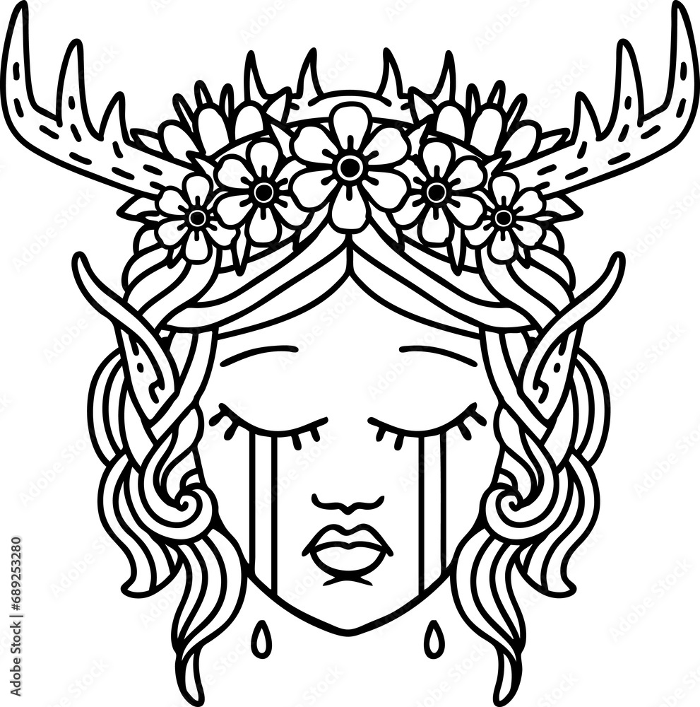 Black and White Tattoo linework Style crying elf druid character face Black and White Tattoo linework Style crying elf druid character face