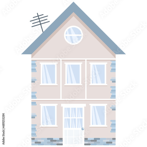 Cute two-storey town house. Brick building with white windows and door. Flat illustration. Beige and blue house. Isolated on white background.