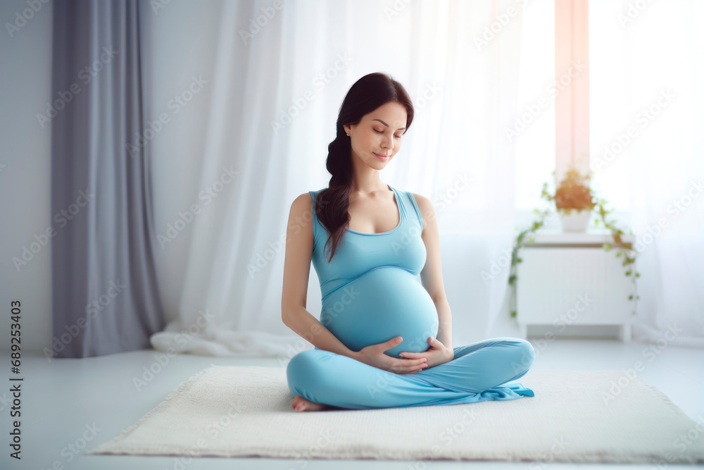 pregnant woman
practicing yoga on the floor