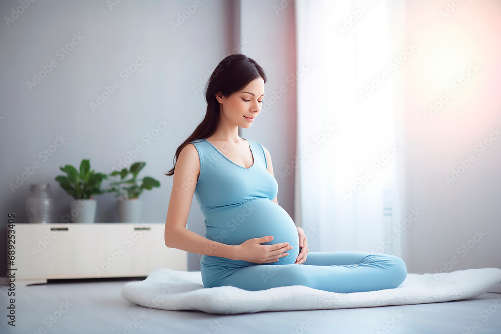 pregnant woman
practicing yoga on the floor