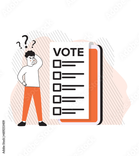 Voting online phone with a web page .Voting app for election smartphone.Man choice of voting election.Referendum or election.The guy votes.Choice of voting election smartphone.Man thinking checkmarks.