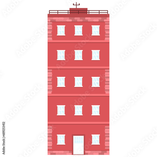 Cute five-storey town house. Brick building with white windows and door. Flat illustration. Red cozy house. Isolated on white background.