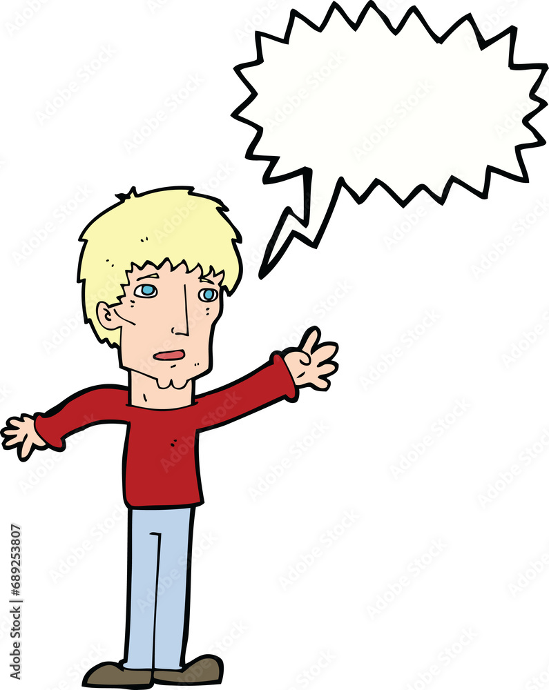 cartoon worried man reaching out with speech bubble