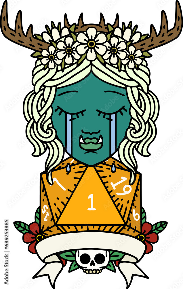 Retro Tattoo Style crying orc druid character with natural one roll Retro Tattoo Style crying orc druid character with natural one roll
