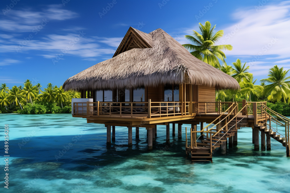 An overwater chalet on a tropical island - built on stilts over crystal-clear waters - offering a peaceful escape in an exotic paradise setting.