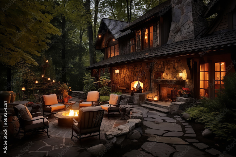 A chalet equipped with a stone chimney and an outdoor fire pit - ideal for outdoor entertainment and cozy nights - exuding rustic charm and warmth for gatherings.