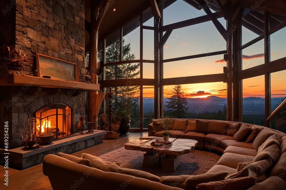 A hilltop chalet offering panoramic views of the mountains - capturing stunning sunrise and sunset vistas - serving as an elevated retreat amidst breathtaking scenery.