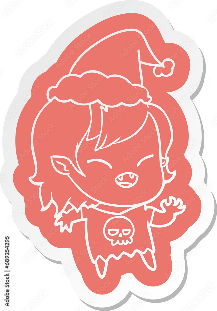 quirky cartoon sticker of a laughing vampire girl wearing santa hat quirky cartoon sticker of a laughing vampire girl wearing santa hat