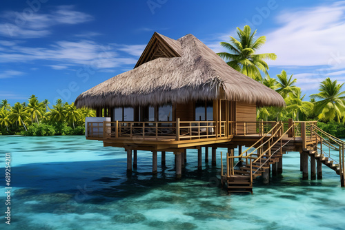 An overwater chalet on a tropical island - built on stilts over crystal-clear waters - offering a peaceful escape in an exotic paradise setting.