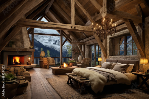 Chalet interior with a loft bedroom
