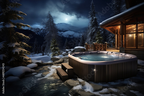 A rustic chalet featuring an outdoor hot tub amidst a snowy landscape - with steaming water providing relaxation in the cold under a starry night sky.