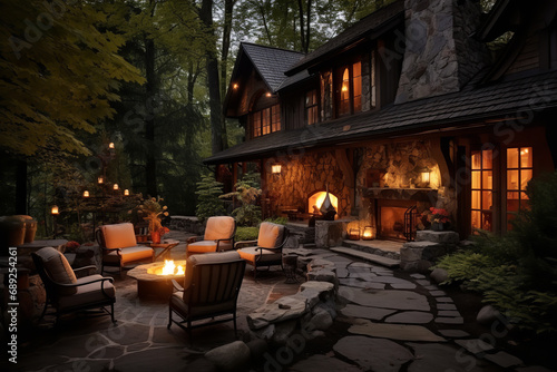 A chalet equipped with a stone chimney and an outdoor fire pit - ideal for outdoor entertainment and cozy nights - exuding rustic charm and warmth for gatherings. photo