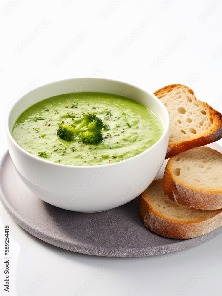 Cream of broccoli soup served with slices of bread on white background. Cream of broccoli soup served with slices of bread on white background.